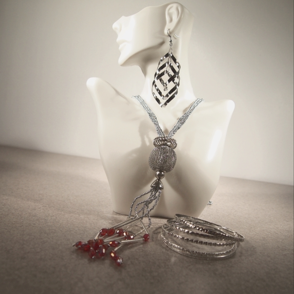 Silver tone Necklace, Earrings, & Bangles Set